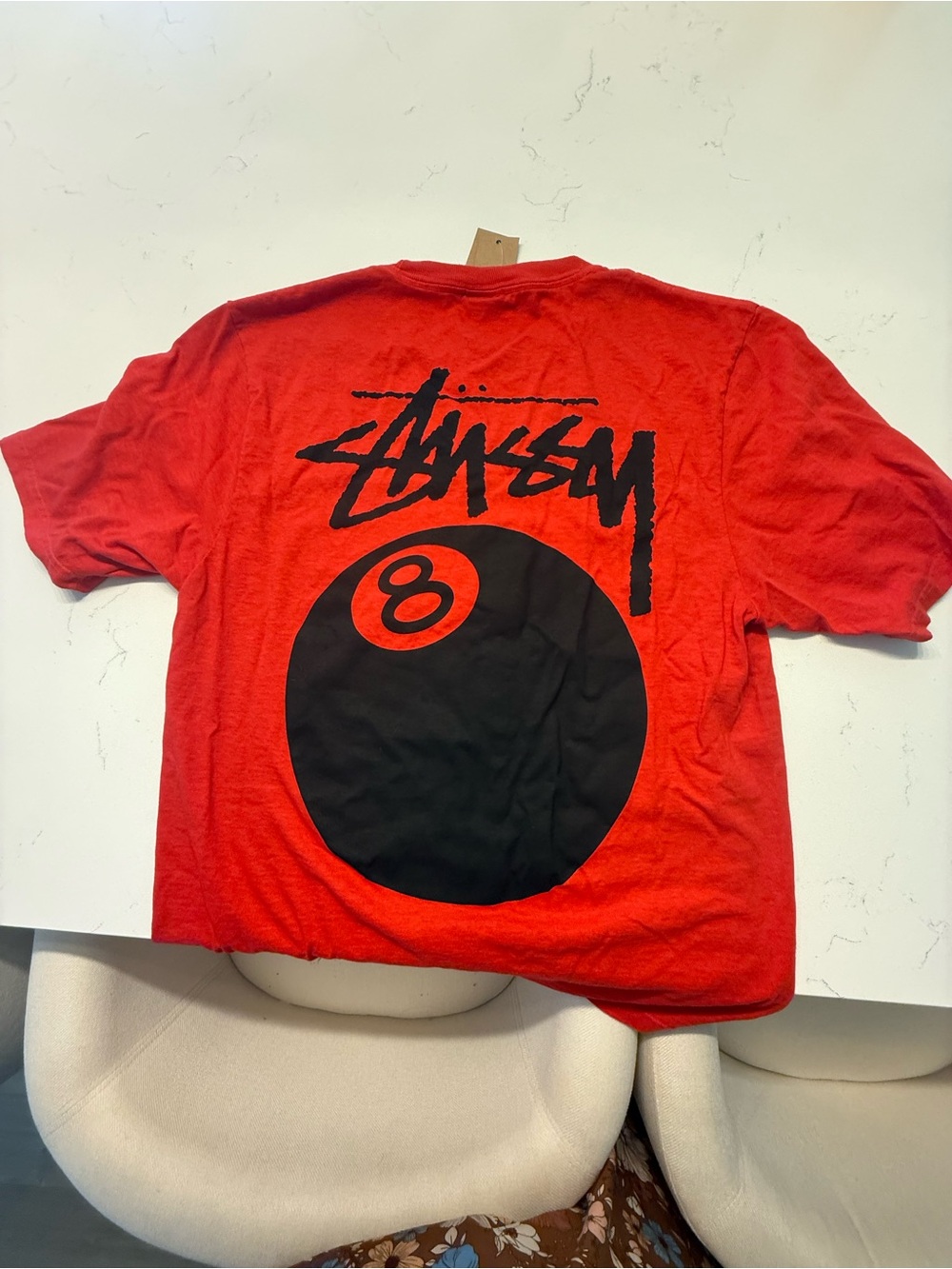 Stussy Red Short Sleeve Tee with Black 8-Ball Back Graphic